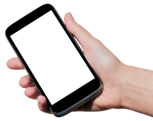 Phone in hand on transparent, png. A woman's hand holds a new modern phone in her hand with a blank white screen