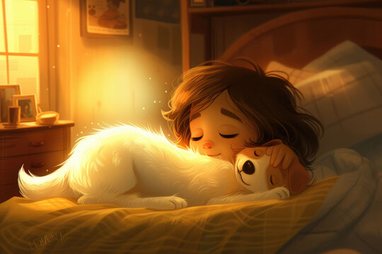 A warm digital illustration captures a moment of a young girl gently snuggling with her dog that emits a soft, comforting glow.	