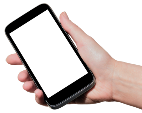 Phone in hand on transparent, png. A woman's hand holds a new modern phone in her hand with a blank white screen - Powered by Adobe