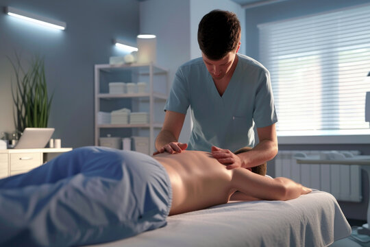 Physiotherapist doing back massage to a patient in a clinic
