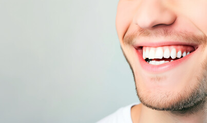 Close up of beautiful male smile with white teeth over plane background. Header image with empty space for text. - obrazy, fototapety, plakaty