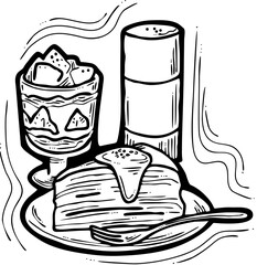 Sweet dessert cake with fruits for celebration birthday party or wedding, tasty breakfast. For cafe, restaurant menu print, postcard or poster. Hand drawn illustration. Cartoon style line art drawing.