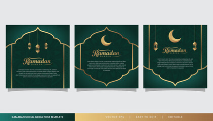 Islamic template background, green set square banner for ramadan kareem feed social media post - obrazy, fototapety, plakaty