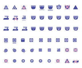 Laundry icons. Care clothes instructions on labels, machine or hand washing signs. Water, ironing and drying temperature symbols collection, textile and fabric types. Vector line items isolated set