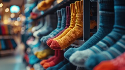 A row of colorful socks hanging on a rack. Perfect for fashion, laundry, or retail concepts