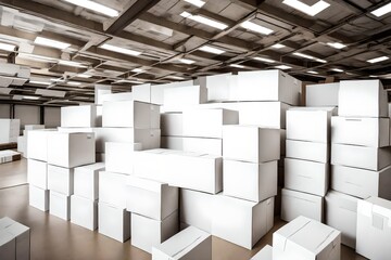 A stack of plain white boxes arranged neatly in a warehouse.
