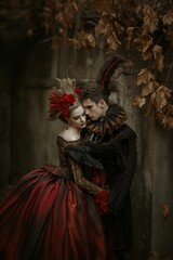 Fototapeta na wymiar Renaissance Couple in Romantic Castle Embrace