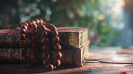 The Bible with wooden beads on top. generative AI