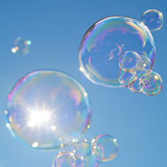 Sunlit Iridescent Soap Bubbles Soaring in a Vivid Blue Sky, Sparkling with Sun Rays and Reflecting a Kaleidoscope of Colors