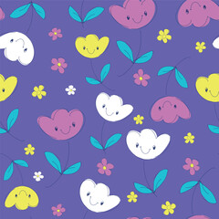 Hand Drawn Cute Fun Flowers seamless pattern, trend print for textile spring summer Vector illustration