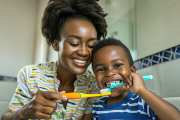 A family is in the bathroom, a mother shows her son how to brush his teeth, they both hold toothbrushes. - obrazy, fototapety, plakaty