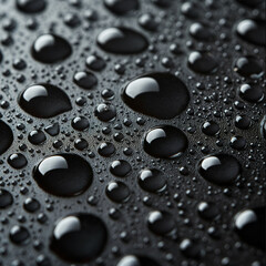 Macro Photography of Glistening Water Droplets on a Dark Surface Creating a Monochrome Texture Pattern