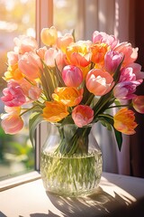 Spring bouquet of tulips in a glass vase in rays of the morning sun