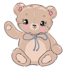 Hand drawn Cute Teddy Bear and blue bow, Kids print vector illustration