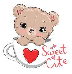 Hand drawn Cute Teddy Bear sitting in a cup, Kids print vector illustration