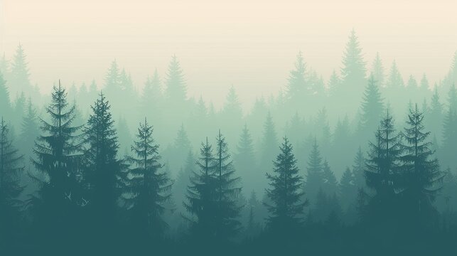 Forest panorama view. Pine tree landscape vector illustration. Spruce silhouette. Banner background. © Emil