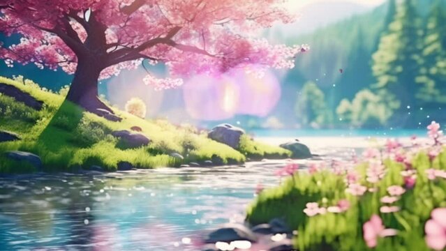 Beautiful spring nature landscape and cherry blossom tree animated background in Japanese anime style. seamless looping video animated background