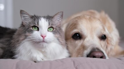 A cat and a dog lying together on a bed. Pets sleeping on a cozy plaid. Caring for animals. Love and friendship of a kitten and a puppy. - Powered by Adobe