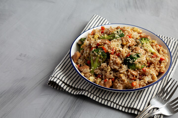 Homemade Chicken Teriyaki Fried Rice on a Plate, side view. Copy space.