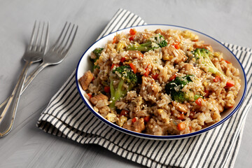 Homemade Chicken Teriyaki Fried Rice on a Plate, side view.