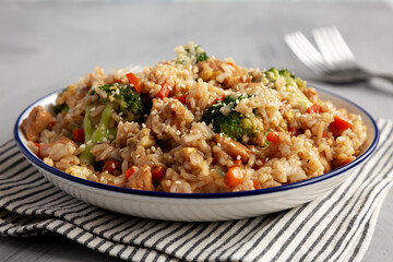 Homemade Chicken Teriyaki Fried Rice on a Plate, low angle view.