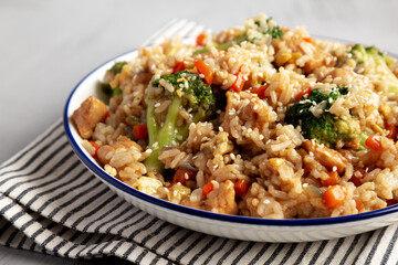 Homemade Chicken Teriyaki Fried Rice on a Plate, low angle view.