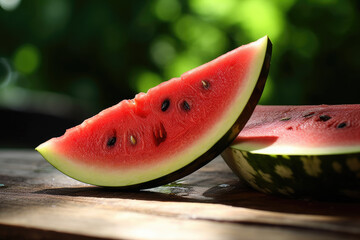 Two Fresh Slices of Watermelon on a Wooden Table on a Sunny Day - Generative AI