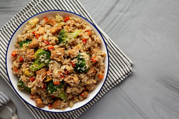 Homemade Chicken Teriyaki Fried Rice on a Plate, top view. Space for text.