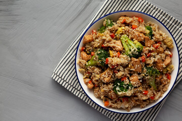 Homemade Chicken Teriyaki Fried Rice on a Plate, top view. Copy space.