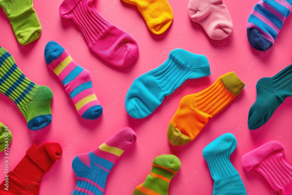 Poster a collection of vibrant and diverse socks neatly arranged on a soft pink background. perfect for fas