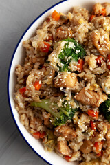 Homemade Chicken Teriyaki Fried Rice on a Plate, top view. Close-up.