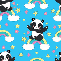 Hand Drawn cute Panda Bear with Rainbow Seamless Pattern, print design background, children print textile design vector illustration