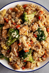 Homemade Chicken Teriyaki Fried Rice on a Plate, top view. Close-up.