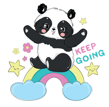 Cute Panda Bear, vector illustration. hand drawn panda with rainbow. Design print for t-shirt.