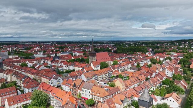 Aerial drone view of St. Lamberti . It is a parish and church in Hildesheim, Germany, the parish of the town's Neustadt. It is named after Lambert of Maastricht, the patron saint of Hildesheim.