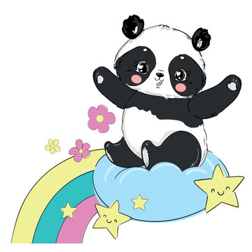 Cute Panda Bear, vector illustration. hand drawn panda with rainbow. Design print for t-shirt.