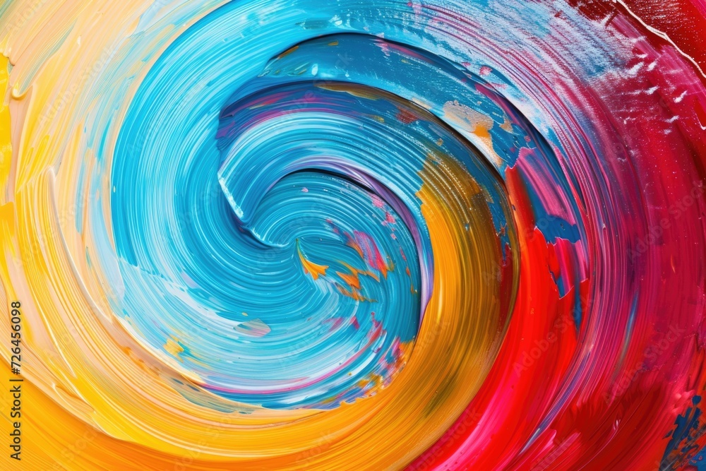Poster A close-up view of a painting depicting a vibrant and colorful swirl. This artwork can add a pop of color and energy to any space