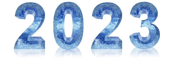 Concept or conceptual 2023 year made of  blue ice font isolated on white background. An abstract 3D illustration as a  metaphor for future, celebration, nature,  environment, ecology and climate