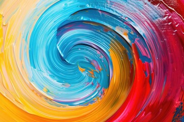 A close-up view of a painting depicting a vibrant and colorful swirl. This artwork can add a pop of...