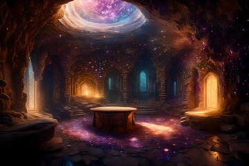 A cave chamber filled with sparkling gemstones embedded in the walls, illuminated by soft, diffused light, creating a scene straight out of a fantasy novel.