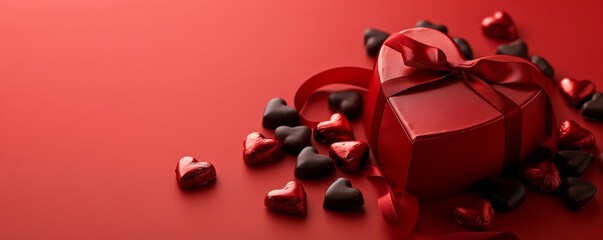 Red Heart-Shaped Chocolate Box Wrapped in Elegant Ribbon Romantic Gift Concept
