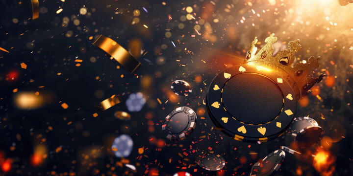 A dynamic image showcasing a flurry of silver poker chips in mid-air with a vibrant explosion of golden sparks and light on a dark, bokeh-illuminated background.