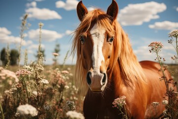 Horse in the meadow among green grass and flowers.