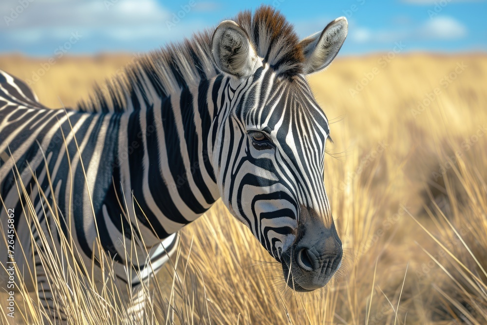 Poster a zebra standing in a field of tall grass. suitable for nature and wildlife themes