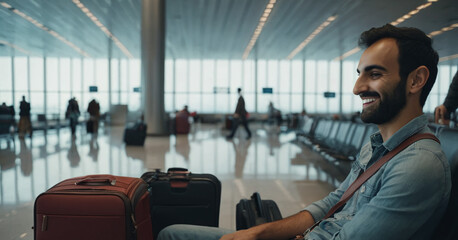 Happy smiling male traveler in airport, man sitting at the terminal waiting for her flight in boarding lounge. - obrazy, fototapety, plakaty