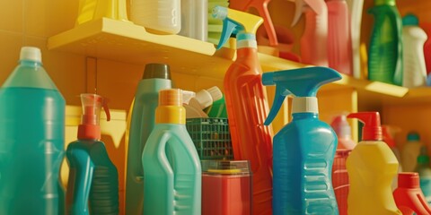 A variety of cleaning products neatly arranged on a shelf. Ideal for showcasing the wide range of cleaning supplies available.