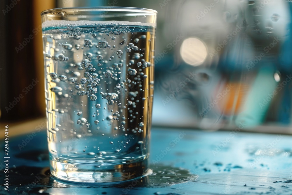 Poster a glass of water sitting on top of a table. suitable for various uses