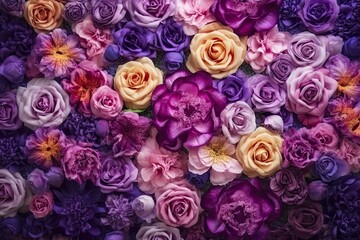 Colorful flower backdrop with purple and violet roses