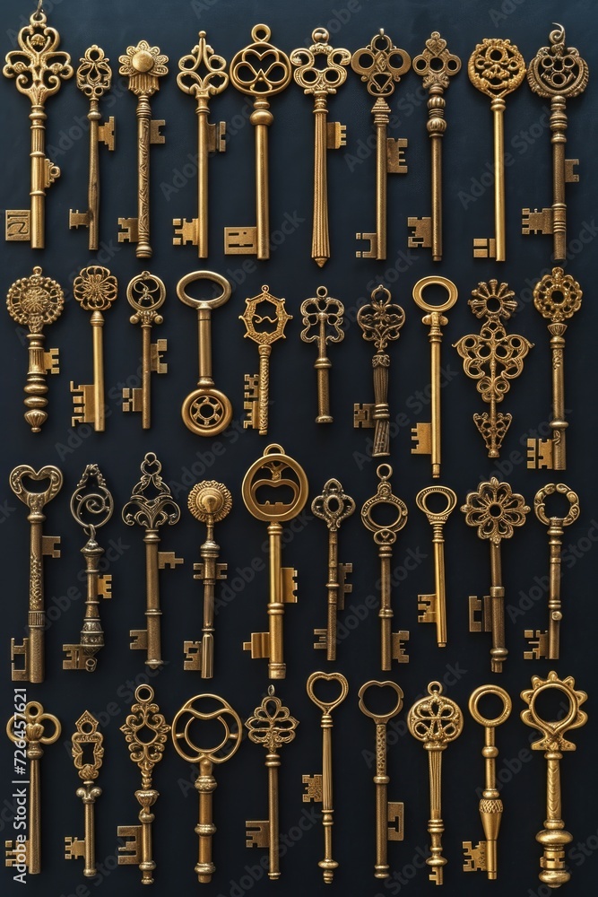 Poster a collection of antique keys on a black background. perfect for adding a vintage touch to your desig
