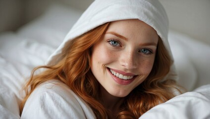 Smiling ginger-haired woman with captivating blue eyes and freckles, playfully peeking from under a white bedsheet, exuding happiness.